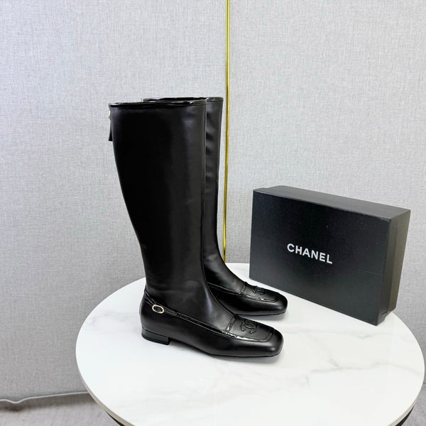 CC 26s Square Toe Low Heel Long Boots Black Sheeepskin 972800
