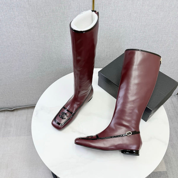CC 26s Square Toe Low Heel Long Boots Black Burgundy Sheeepskin 972801