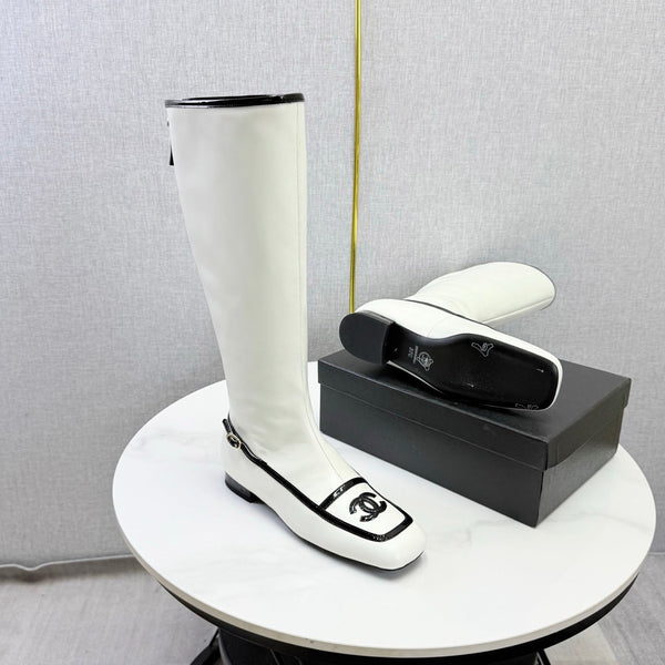 CC 26s Square Toe Low Heel Long Boots Black White Sheeepskin 972802