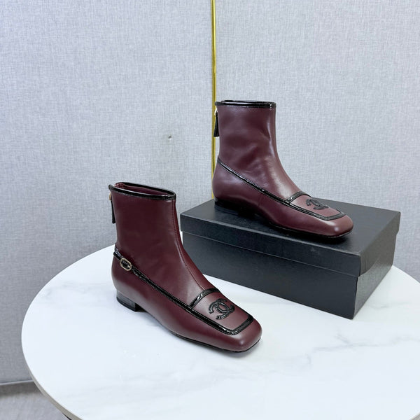 CC 26s Square Toe Low Heel Boots Black Burgundy Sheeepskin 972804