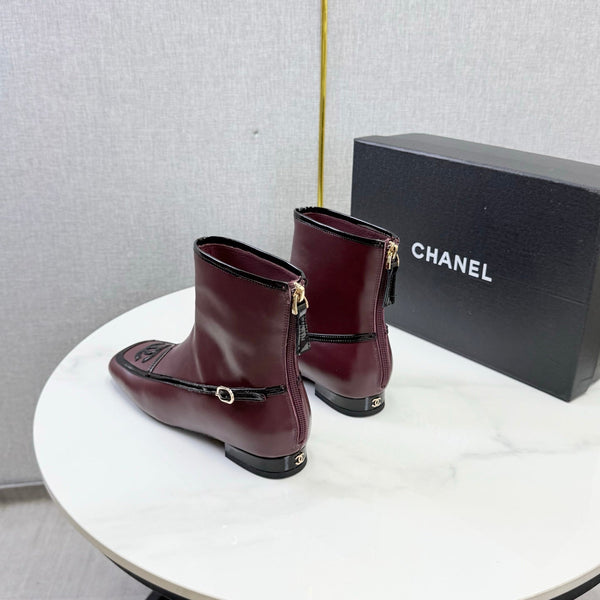 CC 26s Square Toe Low Heel Boots Black Burgundy Sheeepskin 972804