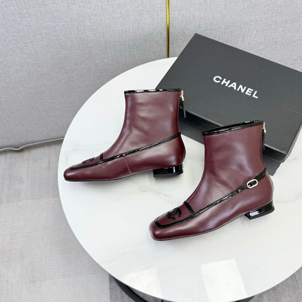 CC 26s Square Toe Low Heel Boots Black Burgundy Sheeepskin 972804