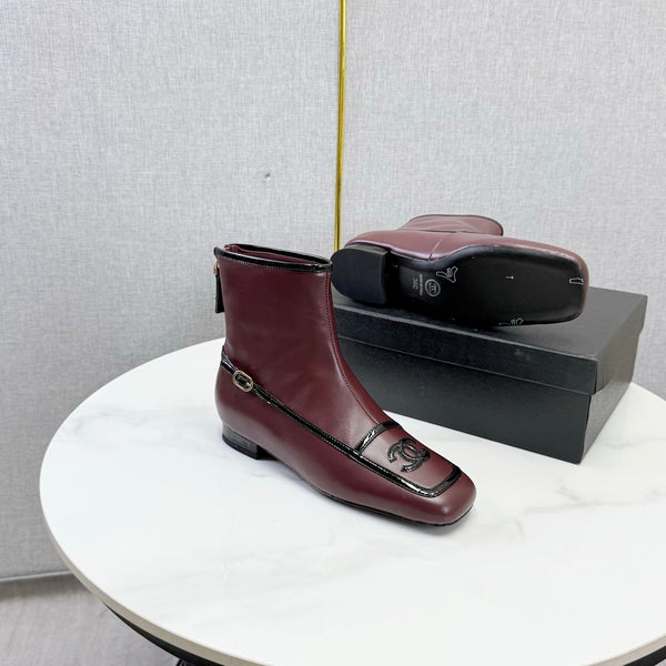 CC 26s Square Toe Low Heel Boots Black Burgundy Sheeepskin 972804