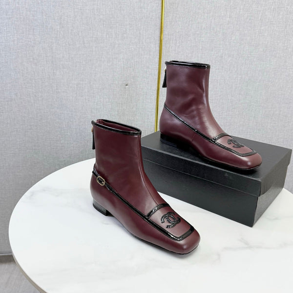 CC 26s Square Toe Low Heel Boots Black Burgundy Sheeepskin 972804