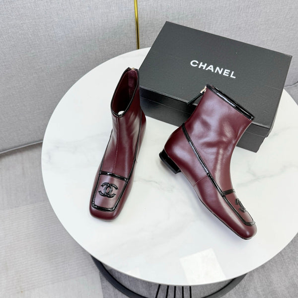 CC 26s Square Toe Low Heel Boots Black Burgundy Sheeepskin 972804