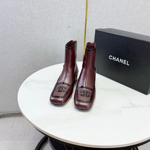 CC 26s Square Toe Low Heel Boots Black Burgundy Sheeepskin 972804