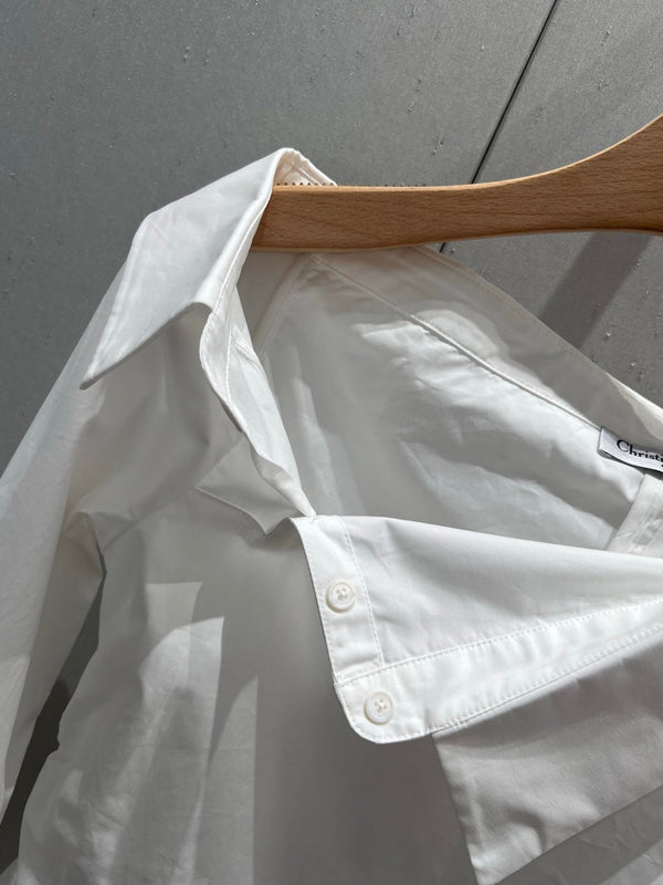 CD 25 Off-shoulder Pleated Belt Short Shirt White Cotton 217596