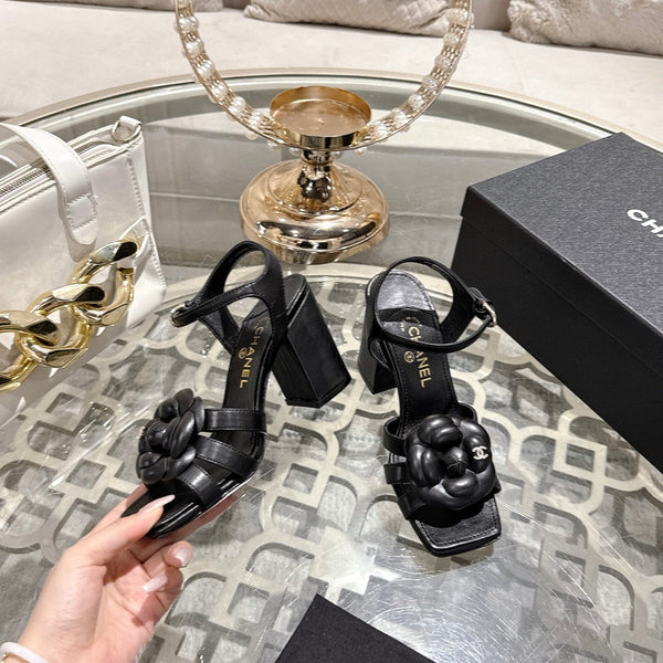 CC Camellia Flower Block Heel Sandals Black Sheepskin 735986