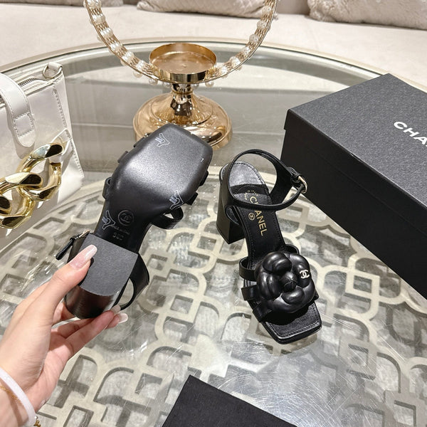 CC Camellia Flower Block Heel Sandals Black Sheepskin 735986