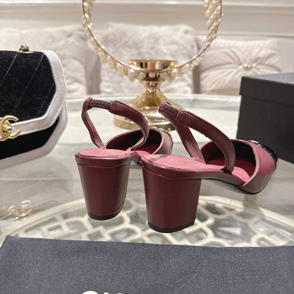 CC 26s Square-Toe High-Heeled Slingbacks 6cm Black Burgundy Leather 736105