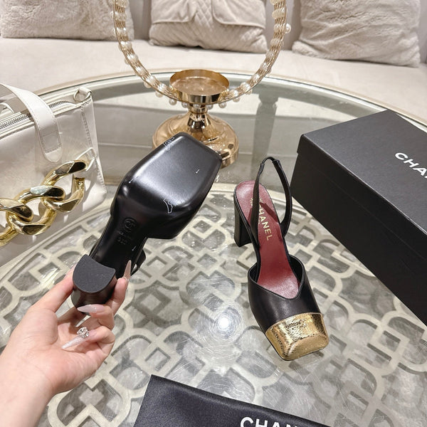 CC 26s Square-Toe High-Heeled Slingbacks 9cm Gold Black Leather 736108