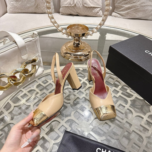 CC 26s Square-Toe High-Heeled Slingbacks 9cm Beige Gold Leather 736111