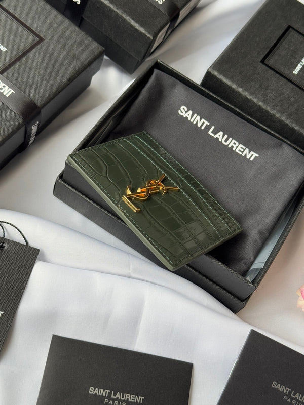 YSL Card Holder 10cm Wallet Dark Green Gold Crocodile Leather 240561