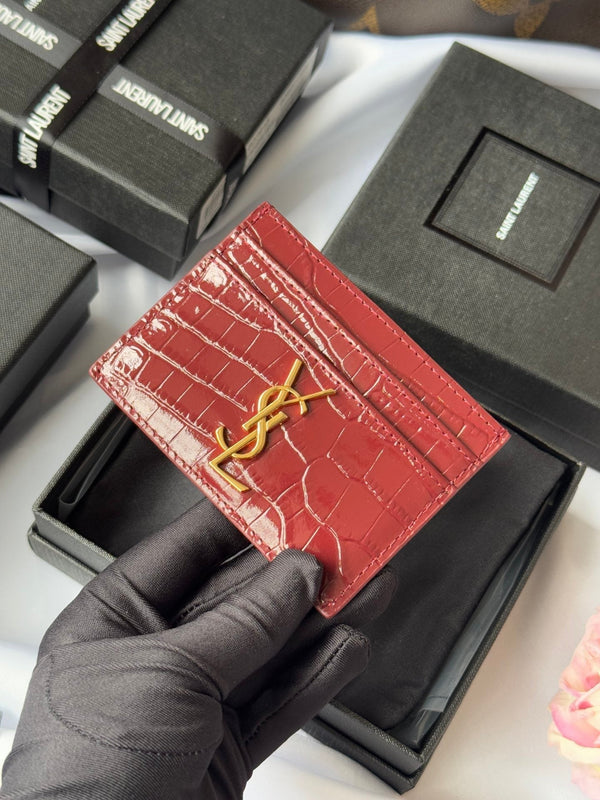 YSL Card Holder 10cm Wallet Burgundy Gold Crocodile Leather 240559