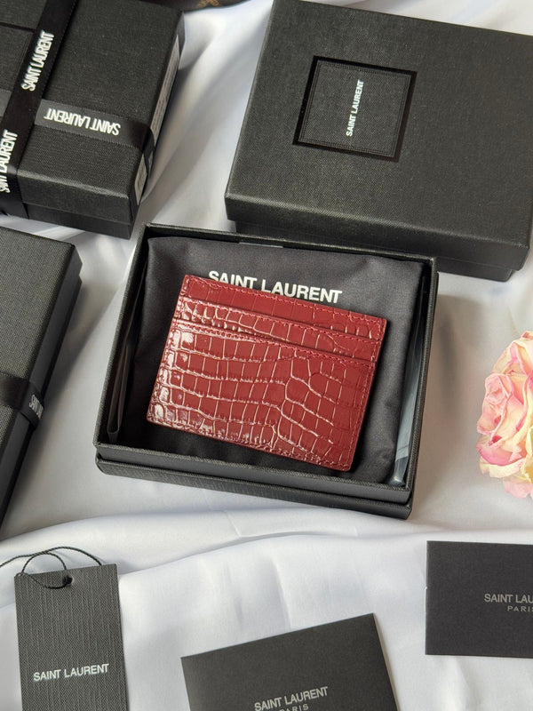YSL Card Holder 10cm Wallet Burgundy Gold Crocodile Leather 240559