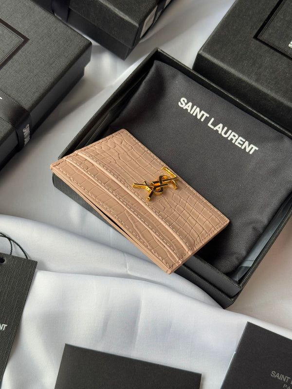 YSL Card Holder 10cm Wallet Pink Gold Crocodile Leather 240557