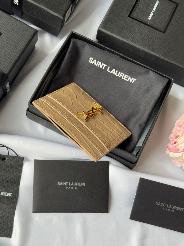 YSL Card Holder 10cm Wallet Beige Gold Crocodile Leather 240555