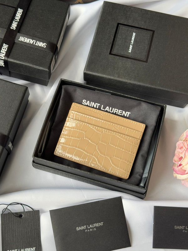YSL Card Holder 10cm Wallet Beige Gold Crocodile Leather 240555