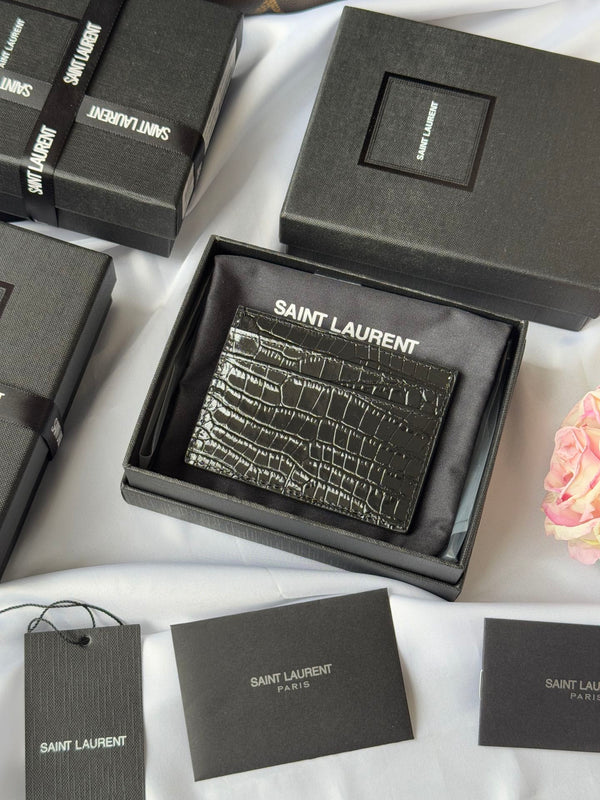 YSL Card Holder 10cm Wallet Black Silver Crocodile Leather 240554