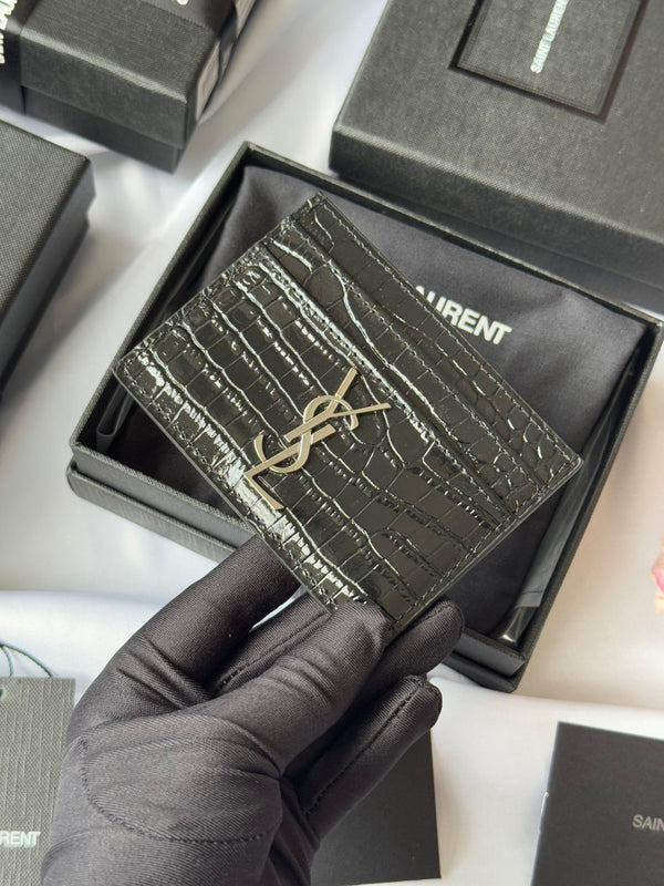 YSL Card Holder 10cm Wallet Black Silver Crocodile Leather 240554