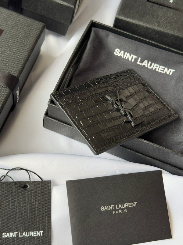 YSL Card Holder 10cm Wallet Full Black Crocodile Leather 240552