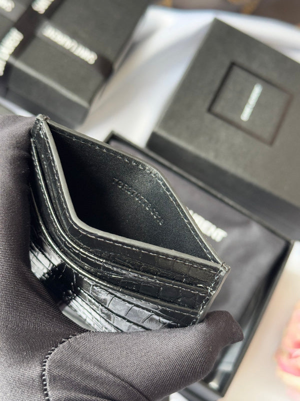 YSL Card Holder 10cm Wallet Full Black Crocodile Leather 240552