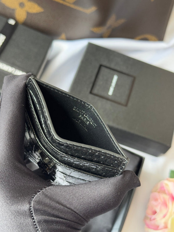 YSL Card Holder 10cm Wallet Full Black Crocodile Leather 240552