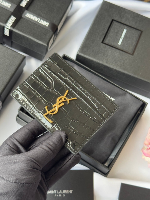 YSL Card Holder 10cm Wallet Black Gold Crocodile Leather 240550