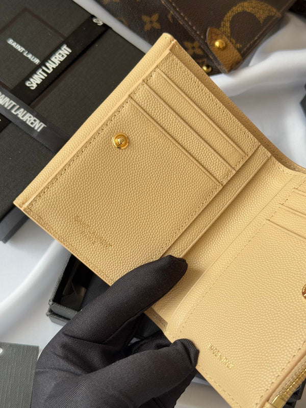 YSL Tri-fold Wallet Beige Gold Cowhide 242756