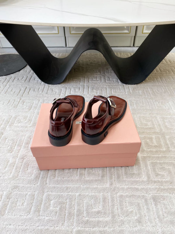 Miu Thong Sandals In Sienna Brown Shiny Lambskin With Silver Buckle