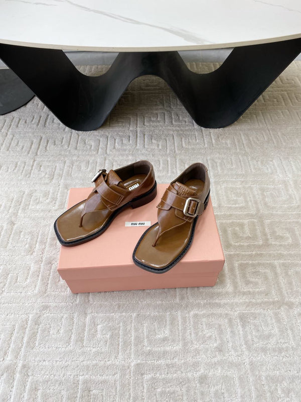 Miu Thong Sandals In Russet Brown Shiny Lambskin With Silver Buckle