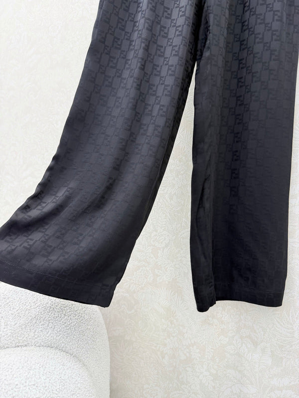 Fendi 26s Wide-Leg Trousers Jacquard Pattern Black Rayon Cotton