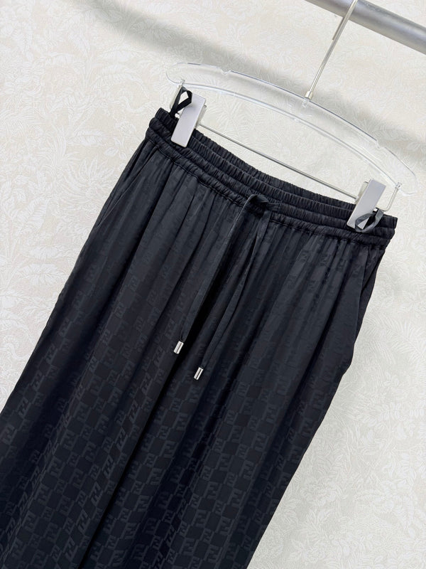 Fendi 26s Wide-Leg Trousers Jacquard Pattern Black Rayon Cotton