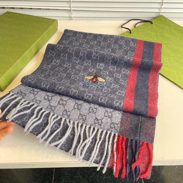 STRIPED SCARF 200 CM IN DARK GRAY CASHMERE WITH EMBROIDERED BEE 398533