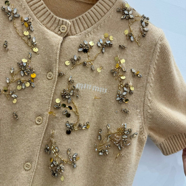 Miu Embroidered Cashmere Short Sleeve Cardigan 229364