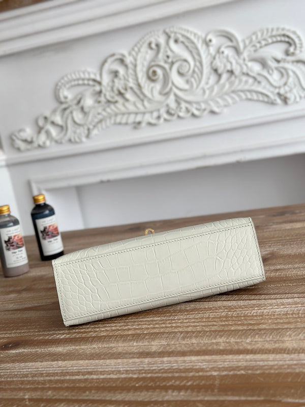 HM 26s Kelly Mini 22cm Milky White Croc Embossed Calfskin