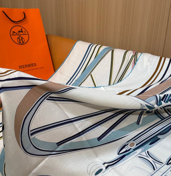 HM Les Roues de Phaeton Scarf 140x140cm Blue White Silk Cashmere 269476