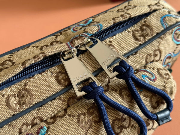 Gucci Snake Print Bag Beige mix Blue Canvas 248145