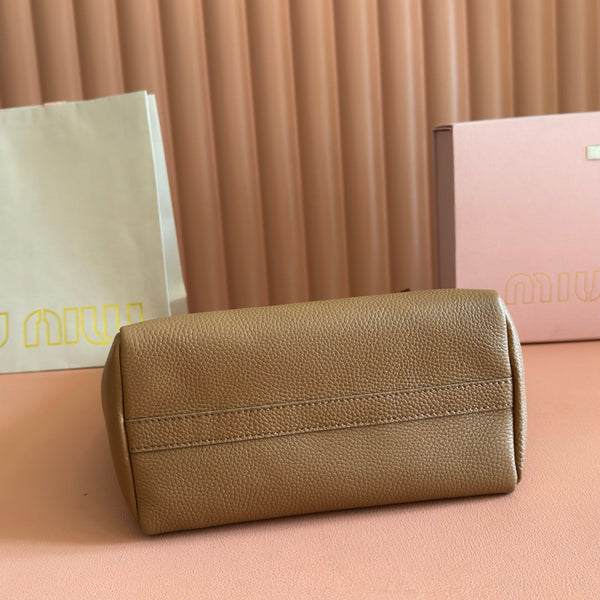Miu Leather Bucket Bag 23cm Brown Grain Cowhide