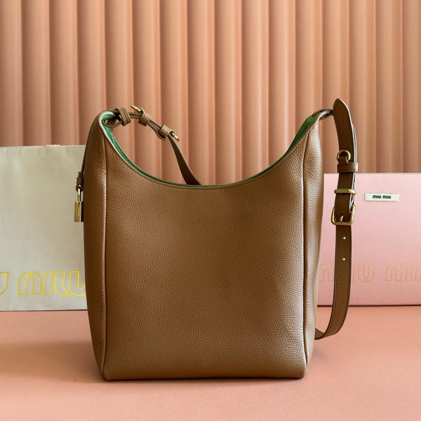 Miu Leather Bucket Bag 23cm Brown Grain Cowhide