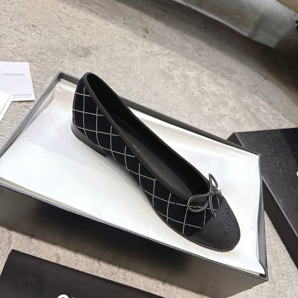 CC Ballet Flats Small Bow Black Quilted Canvas Suede 716399