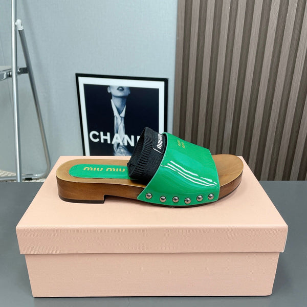 Miu Miu Slippers In Green & Black Glossy Calfskin With Purple Half-Foot Socks