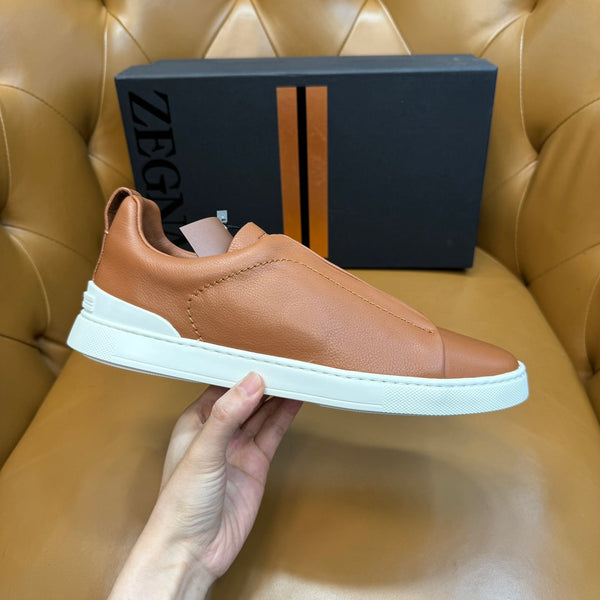 Zegna Men's Triple Stitch Sneakers Tan Grain Leather
