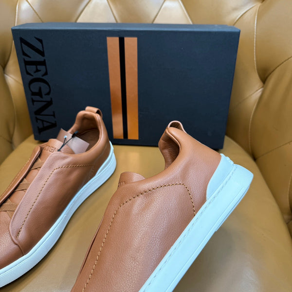 Zegna Men's Triple Stitch Sneakers Tan Grain Leather