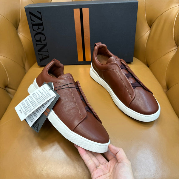 Zegna Men's Triple Stitch Sneakers Chocolate Grain Leather