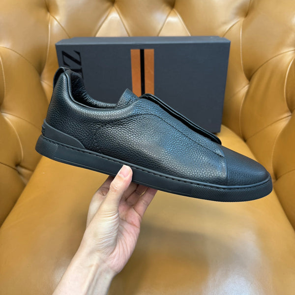 Zegna Men's Triple Stitch Sneakers Full Black Grain Leather
