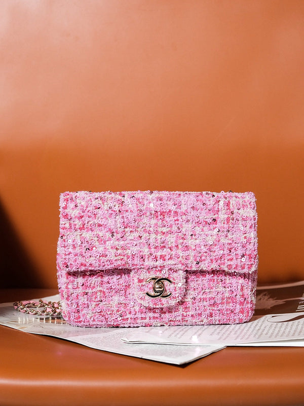24S Flap Bag 20cm Pink White Sequin Calfskin