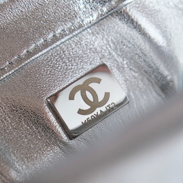 25C Flap Bag 21cm Dense Silver Sequin White Calfskin
