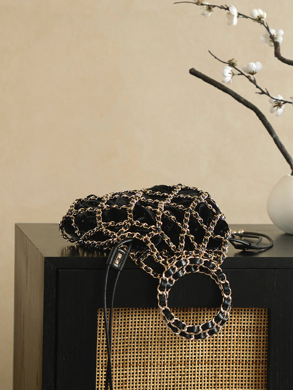 Chanel 2026 Chain Net Bag 42cm Black Gold Metal Velvet