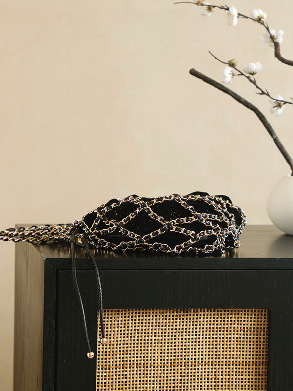 Chanel 2026 Chain Net Bag 42cm Black Gold Metal Velvet
